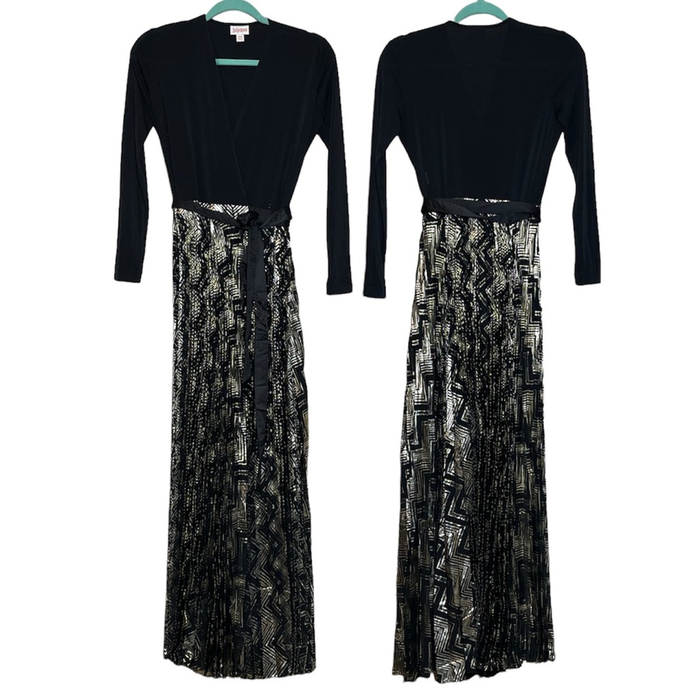 NWT LuLaRoe DeAnne Black And Gold Chevron Print Pleated Long Dress XXS